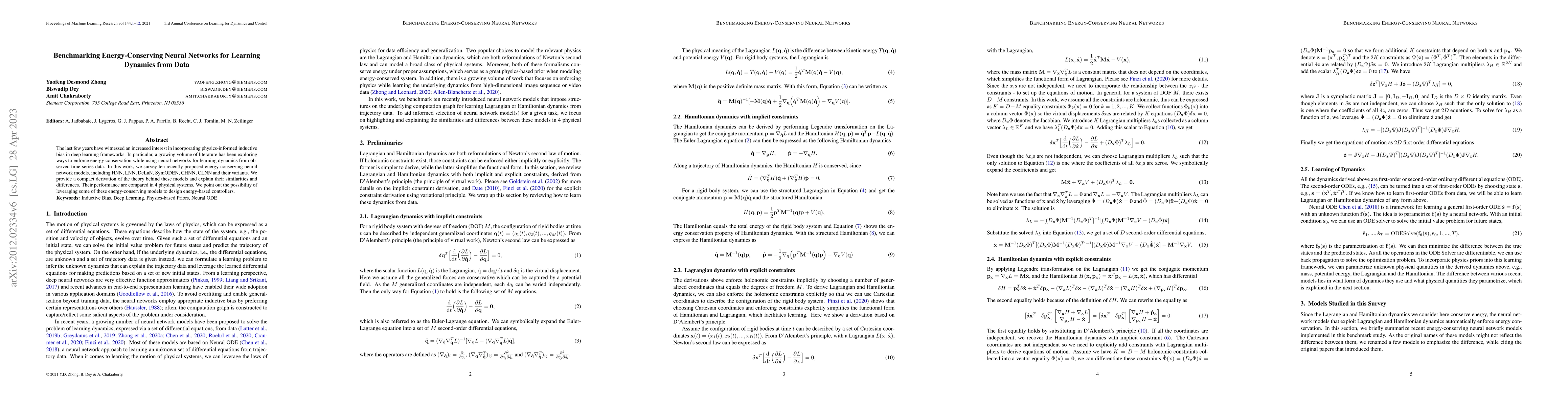 Thumbnail for Benchmarking Energy-Conserving Neural Networks for Learning Dynamics
  from Data