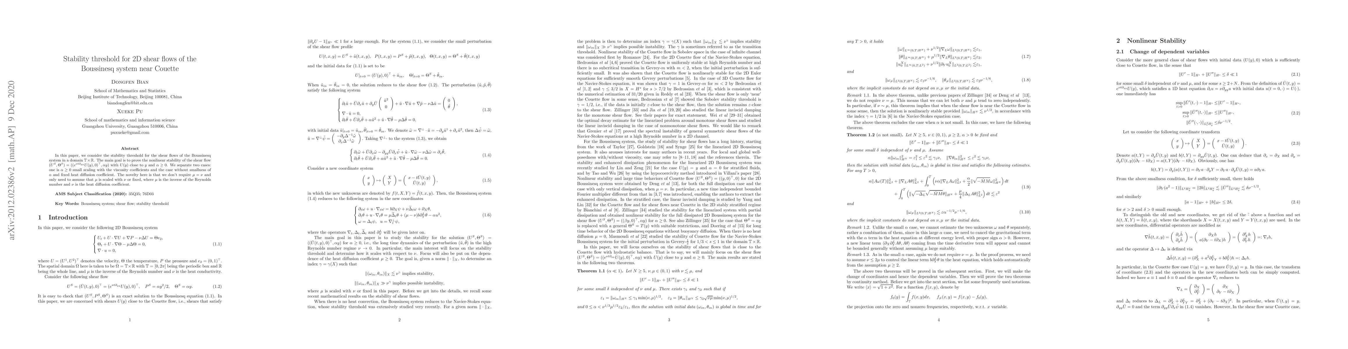 Thumbnail for Stability threshold for 2D shear flows of the Boussinesq system near
  Couette