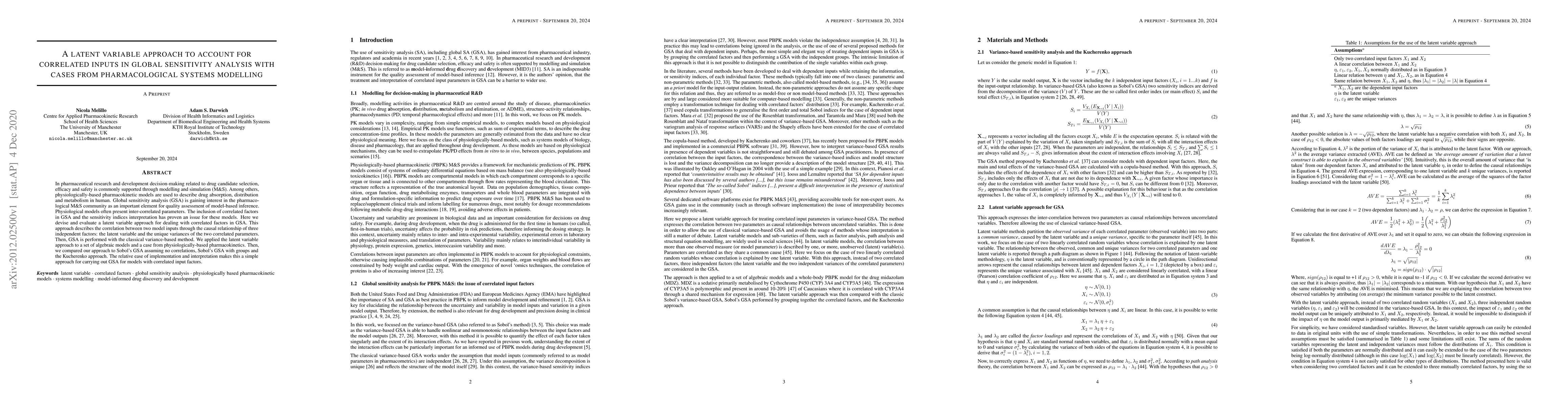 Thumbnail for A latent variable approach to account for correlated inputs in global
  sensitivity analysis with cases from pharmacological systems modelling