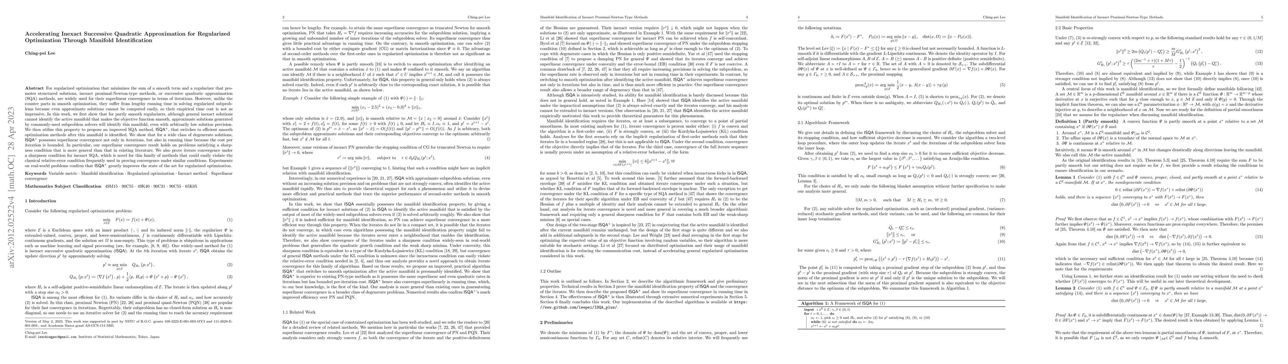 Thumbnail for Accelerating Inexact Successive Quadratic Approximation for Regularized
  Optimization Through Manifold Identification