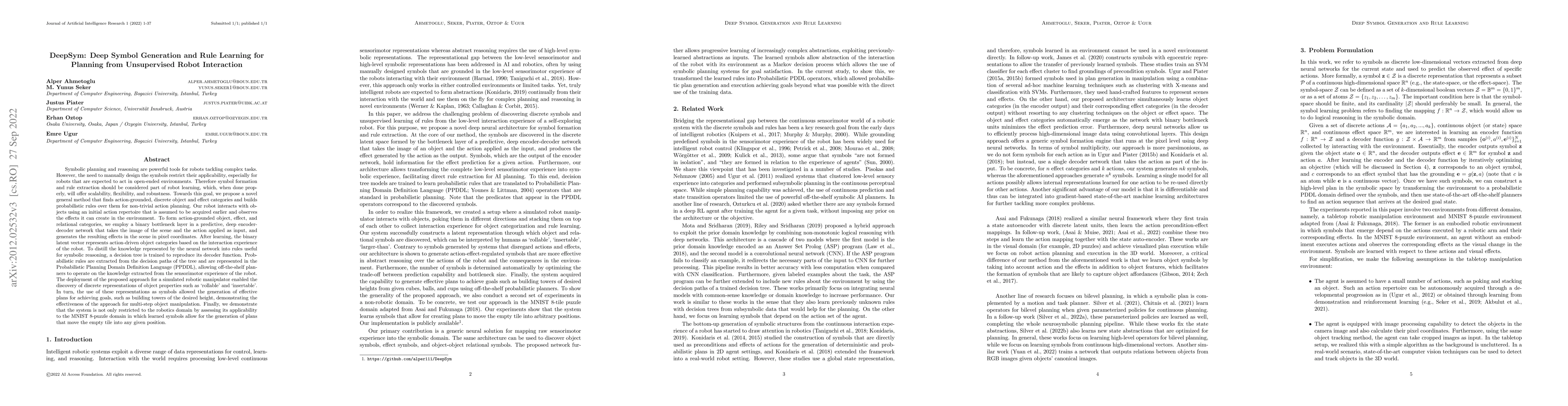 Thumbnail for DeepSym: Deep Symbol Generation and Rule Learning from Unsupervised
  Continuous Robot Interaction for Planning
