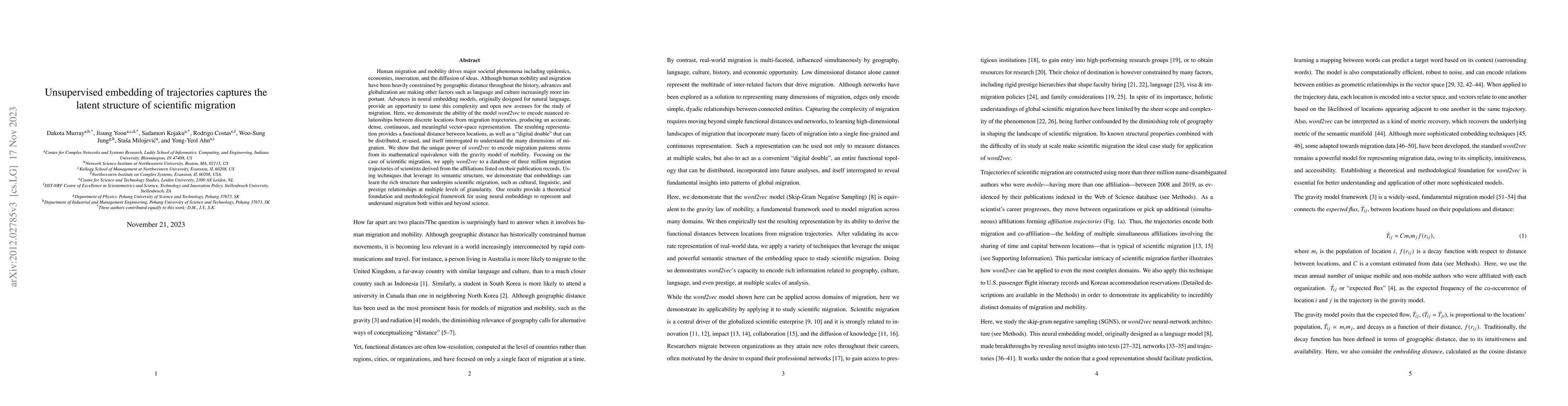 Thumbnail for Unsupervised embedding of trajectories captures the latent structure of
  scientific migration