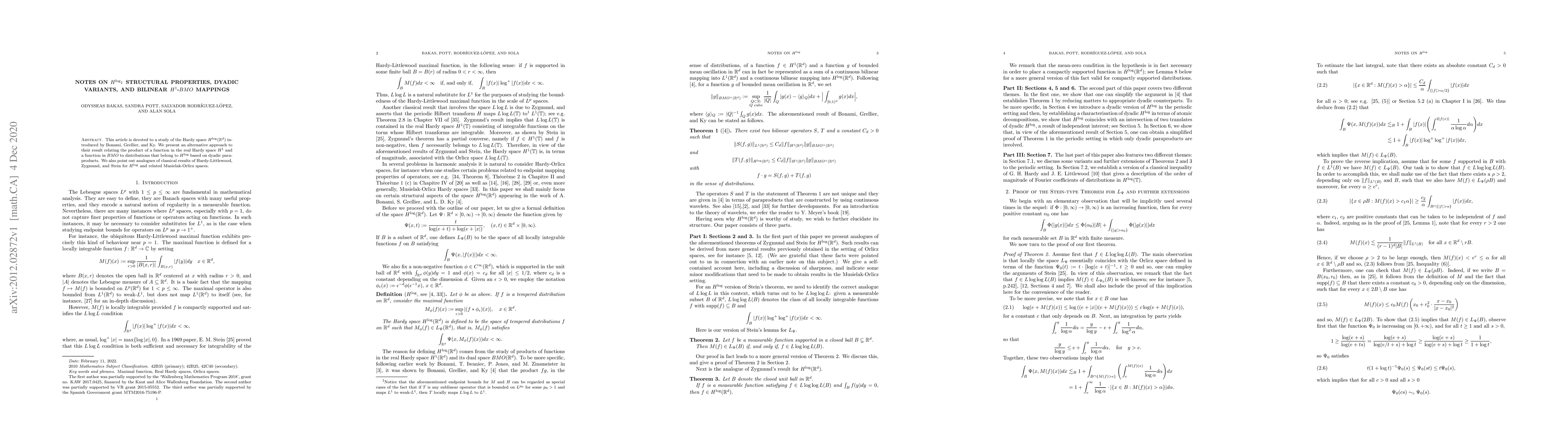 Thumbnail for Notes on $H^{\log} $: structural properties, dyadic variants, and
  bilinear $H^1$-$BMO$ mappings