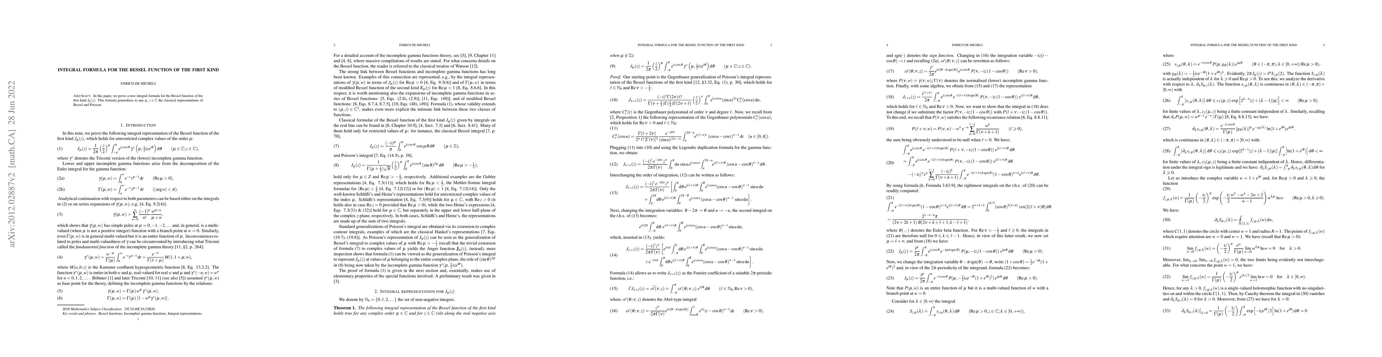 Thumbnail for Integral formula for the Bessel function of the first kind