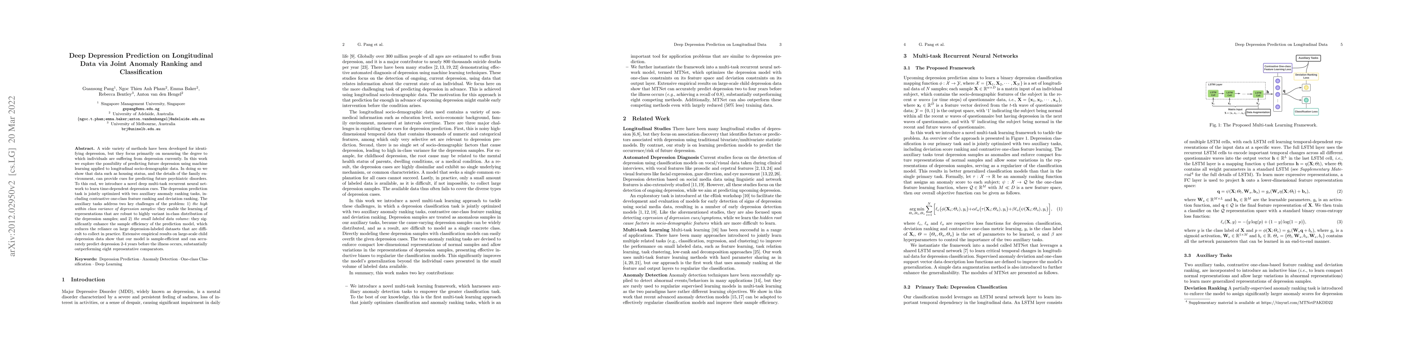 Thumbnail for Deep Depression Prediction on Longitudinal Data via Joint Anomaly
  Ranking and Classification