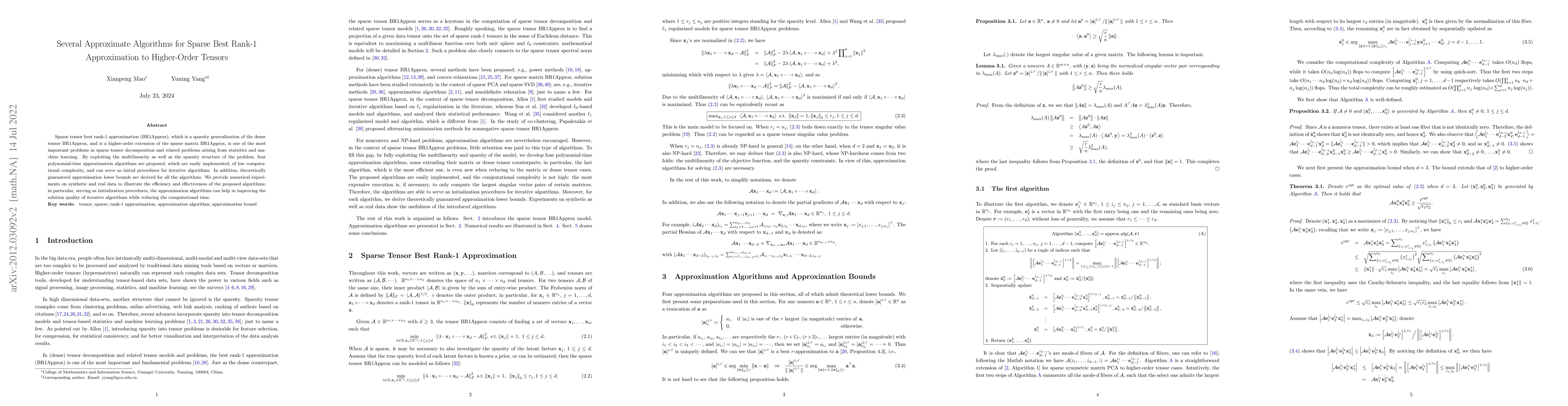 Thumbnail for Several Approximation Algorithms for Sparse Best Rank-1 Approximation to
  Higher-Order Tensors
