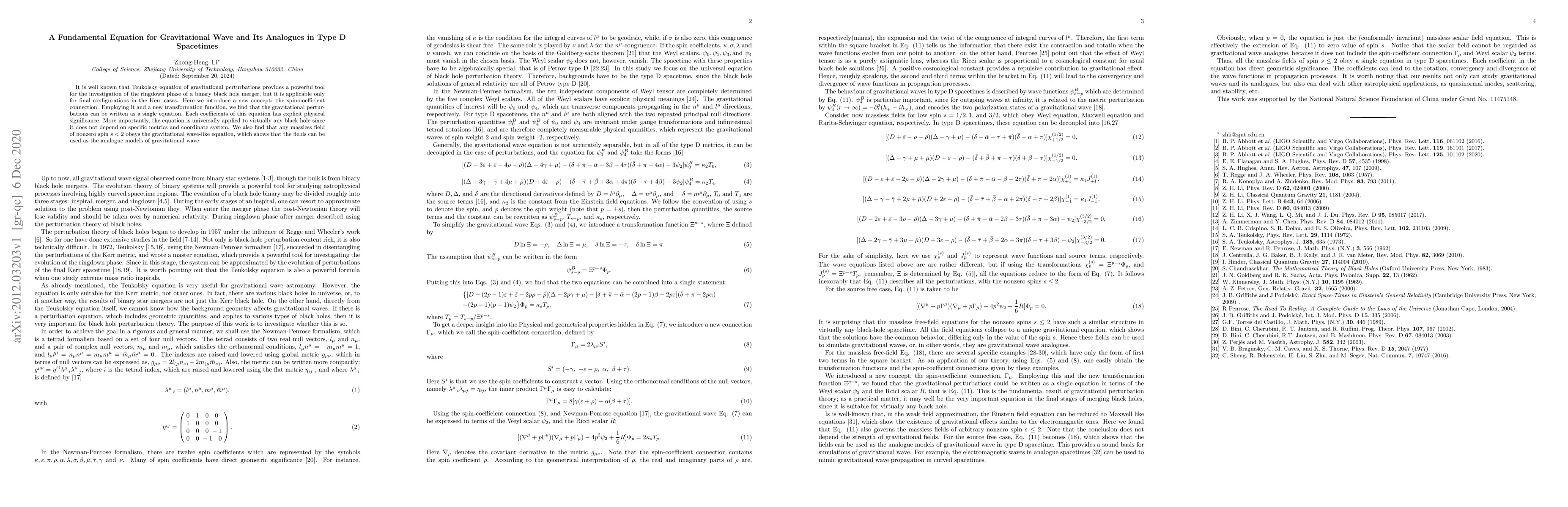 Thumbnail for A Fundamental Equation for Gravitational Wave and Its Analogues in Type
  D Spacetimes