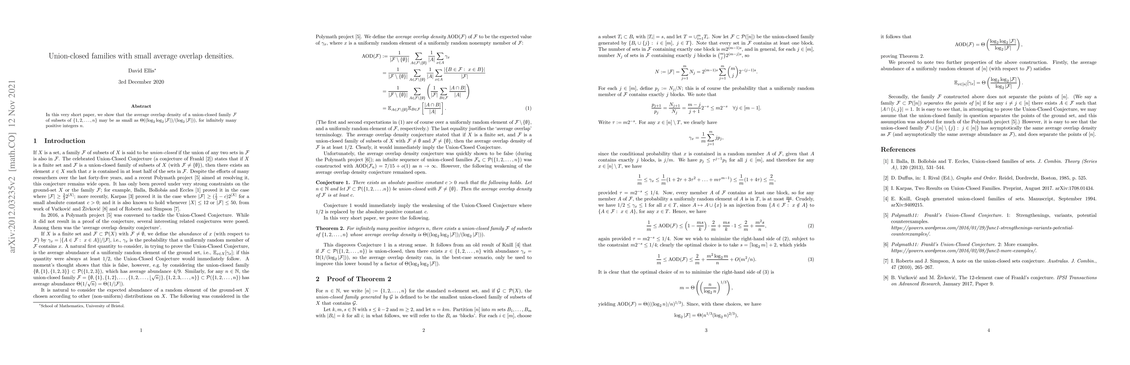 Thumbnail for Union-closed families with small average overlap densities