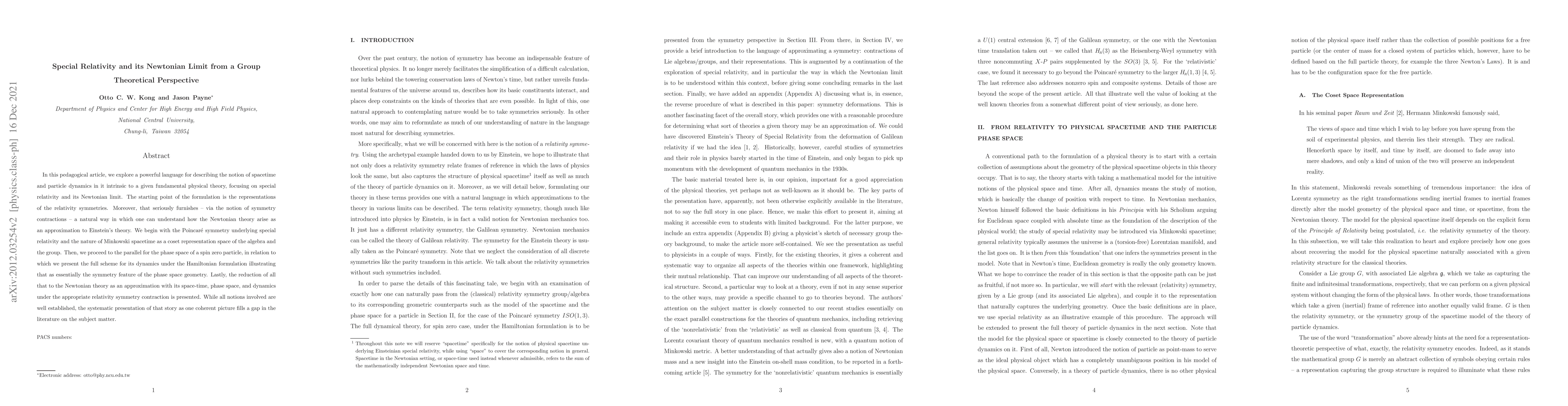 Thumbnail for Special Relativity and its Newtonian Limit from a Group Theoretical
  Perspective