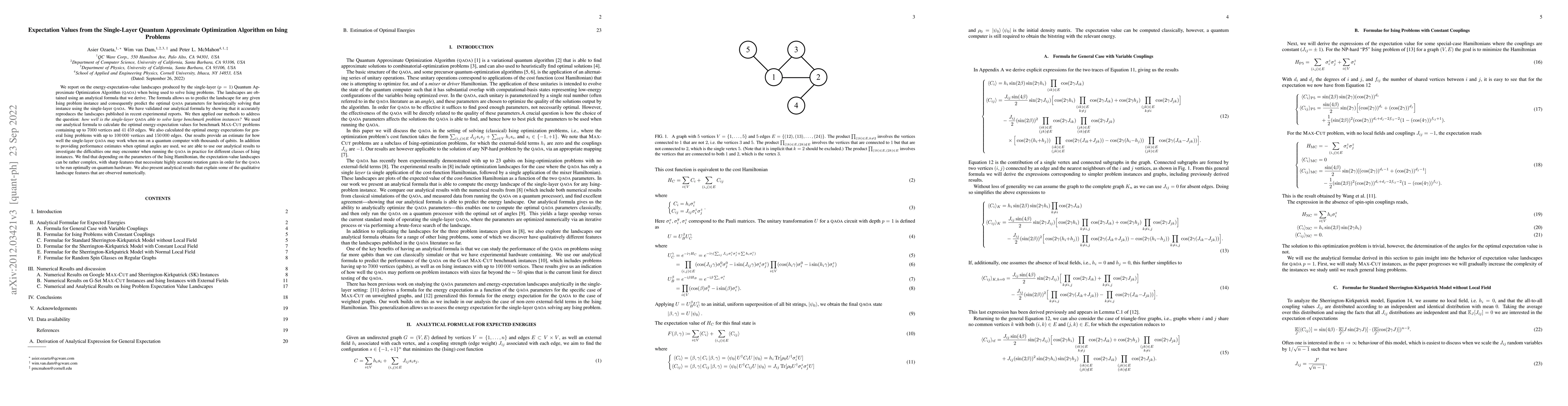Thumbnail for Expectation Values from the Single-Layer Quantum Approximate
  Optimization Algorithm on Ising Problems