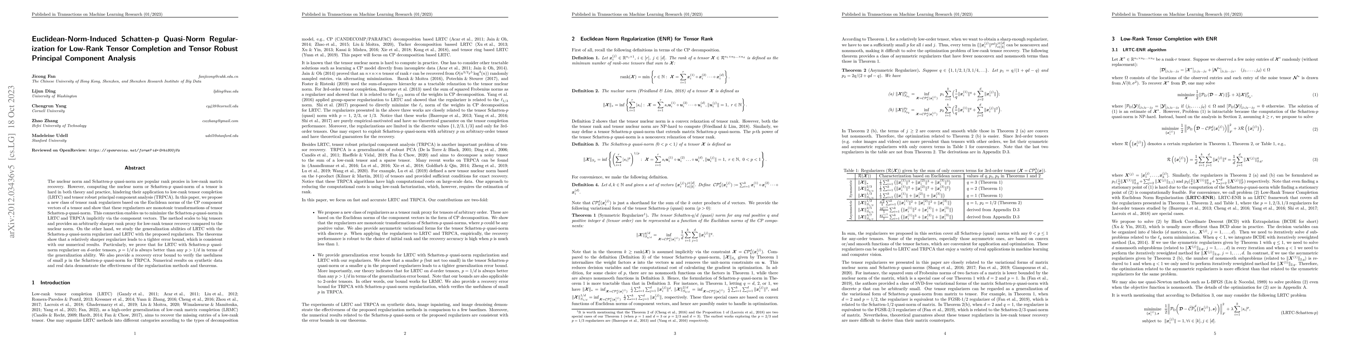 Thumbnail for Euclidean-Norm-Induced Schatten-p Quasi-Norm Regularization for Low-Rank
  Tensor Completion and Tensor Robust Principal Component Analysis