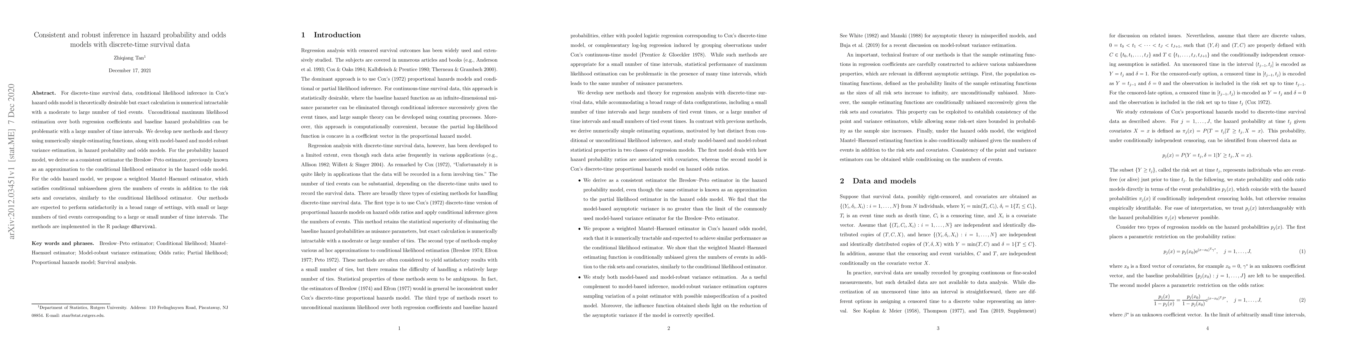 Thumbnail for Consistent and robust inference in hazard probability and odds models
  with discrete-time survival data