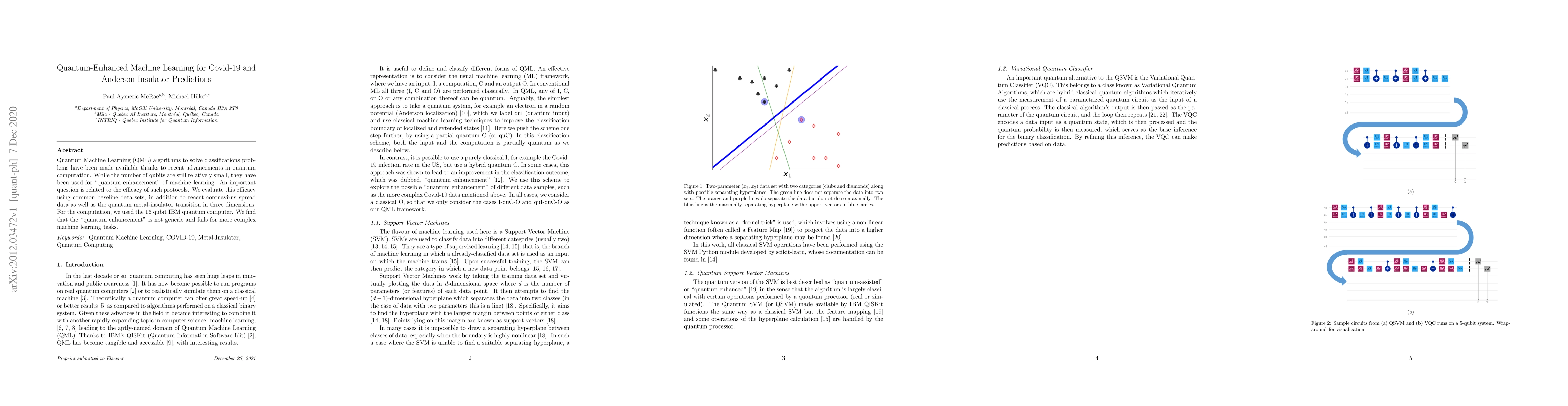 Thumbnail for Quantum-Enhanced Machine Learning for Covid-19 and Anderson Insulator
  Predictions