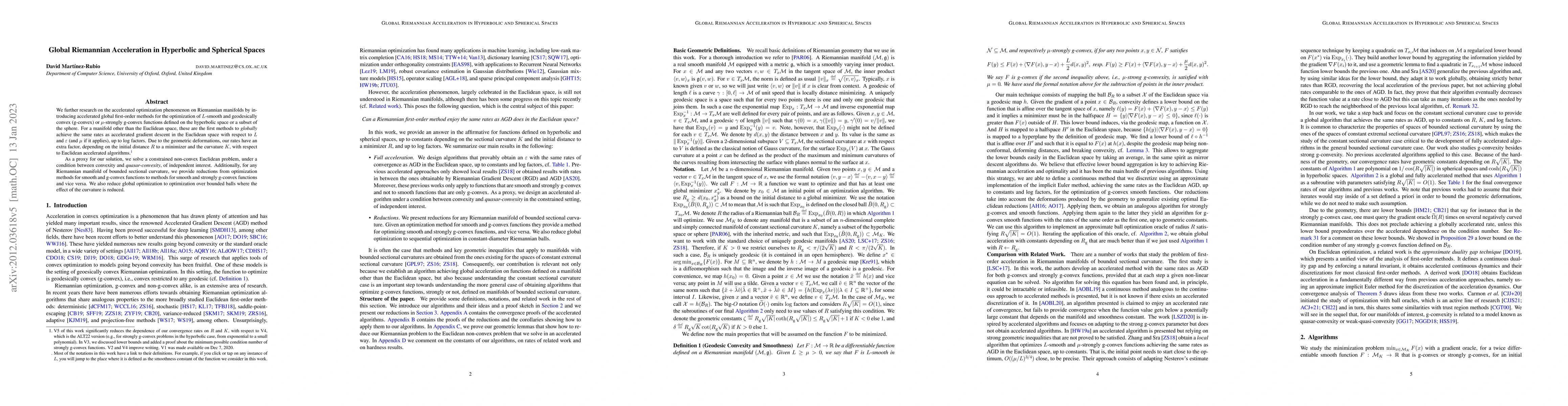 Thumbnail for Global Riemannian Acceleration in Hyperbolic and Spherical Spaces