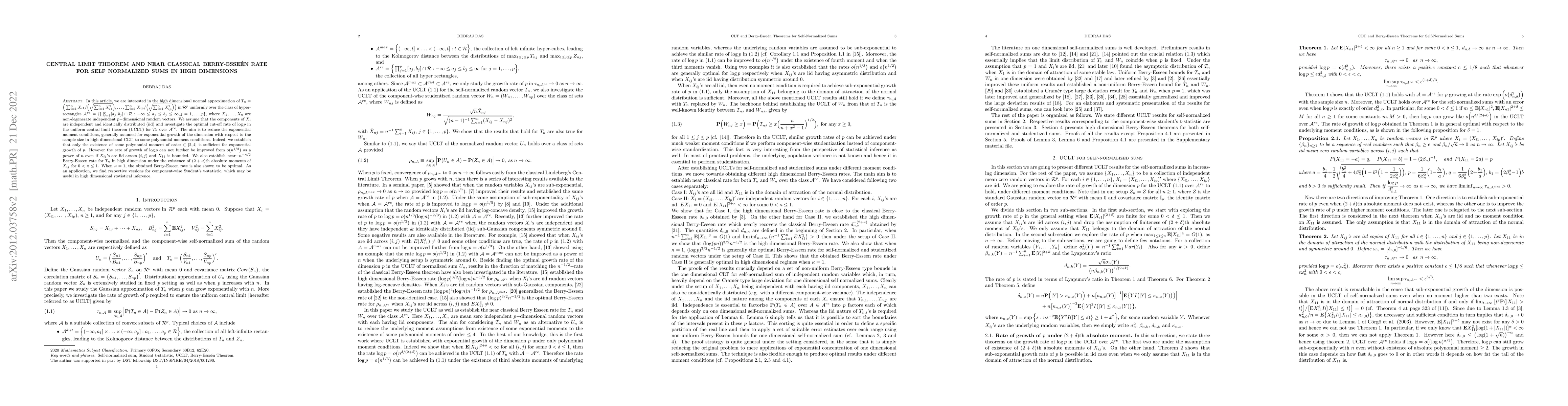 Thumbnail for Central Limit Theorem and Near classical Berry-Esseen rate for self
  normalized sums in high dimensions