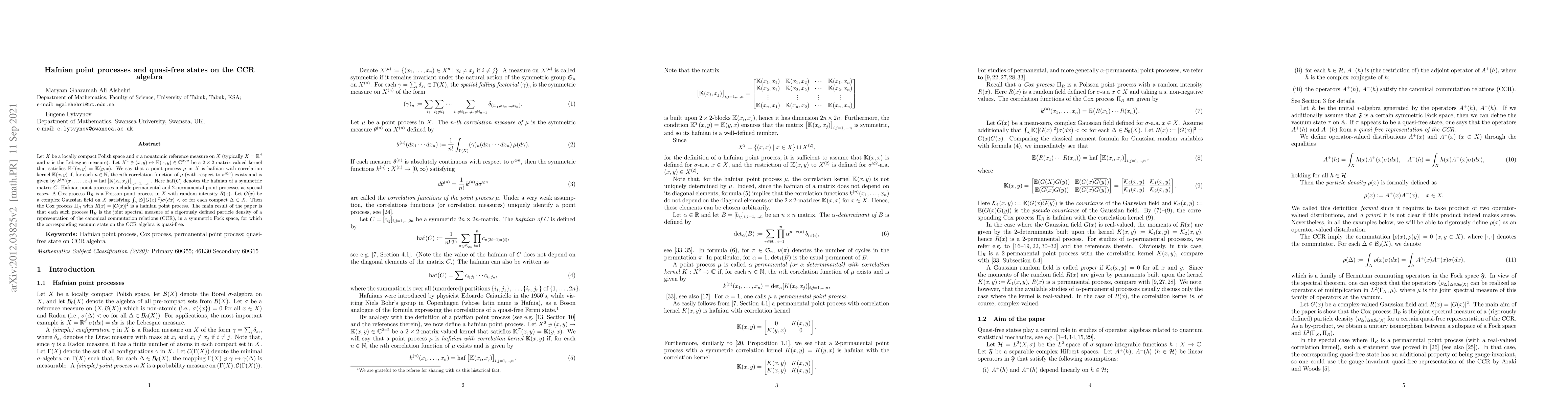 Thumbnail for Hafnian point processes and quasi-free states on the CCR algebra