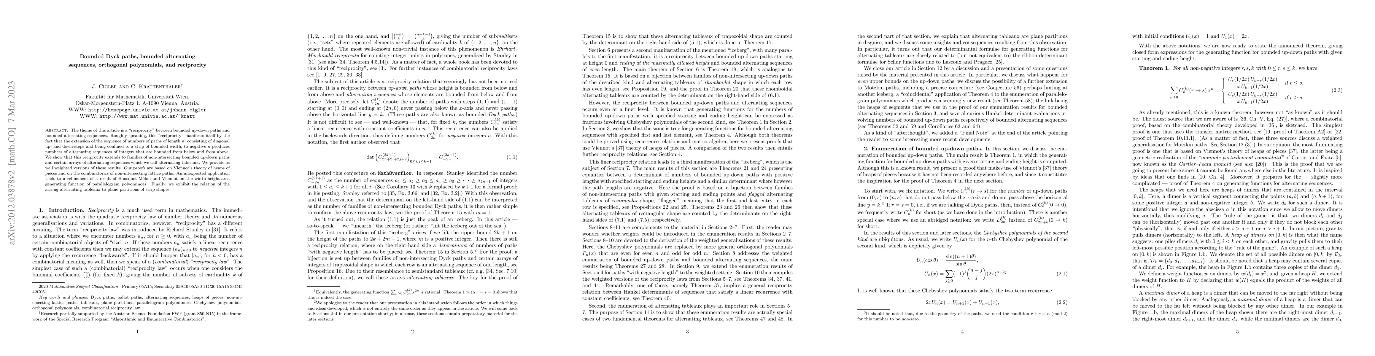 Thumbnail for Bounded Dyck paths, bounded alternating sequences, orthogonal
  polynomials, and reciprocity