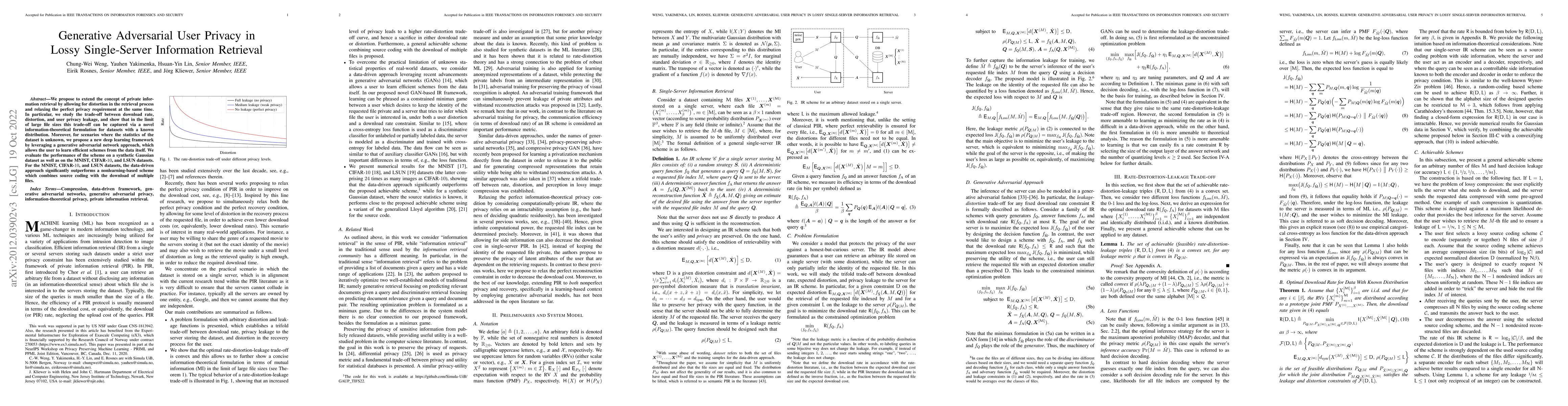 Thumbnail for Generative Adversarial User Privacy in Lossy Single-Server Information
  Retrieval