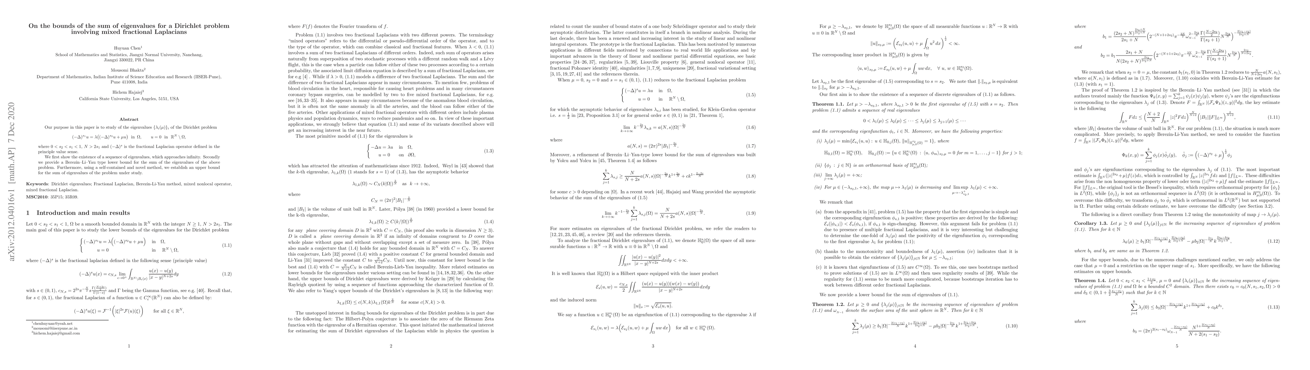 Thumbnail for On the bounds of the sum of eigenvalues for a Dirichlet problem
  involving mixed fractional Laplacians