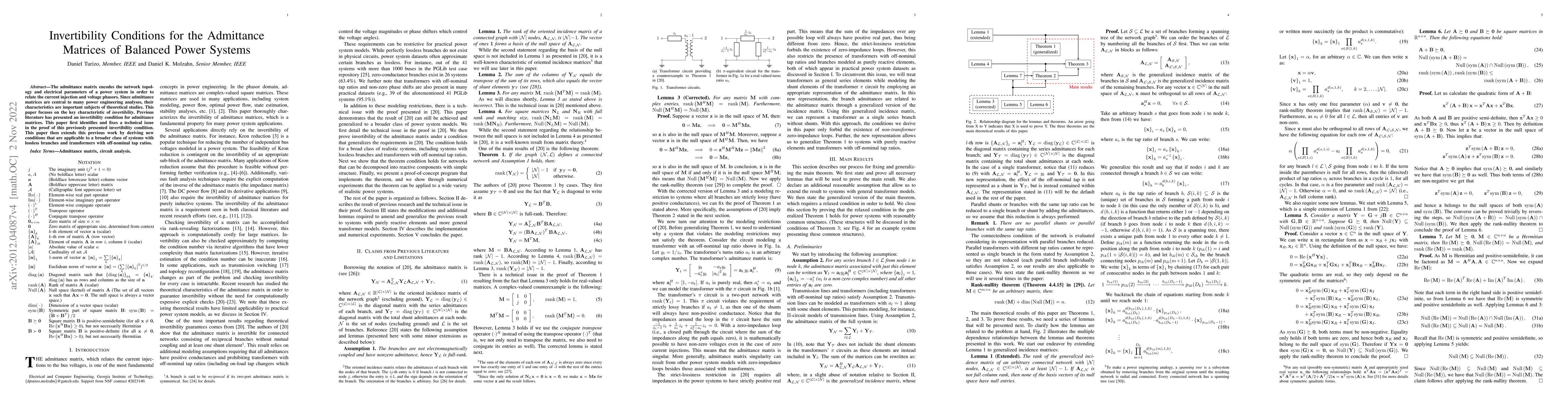 Thumbnail for Invertibility Conditions for the Admittance Matrices of Balanced Power
  Systems