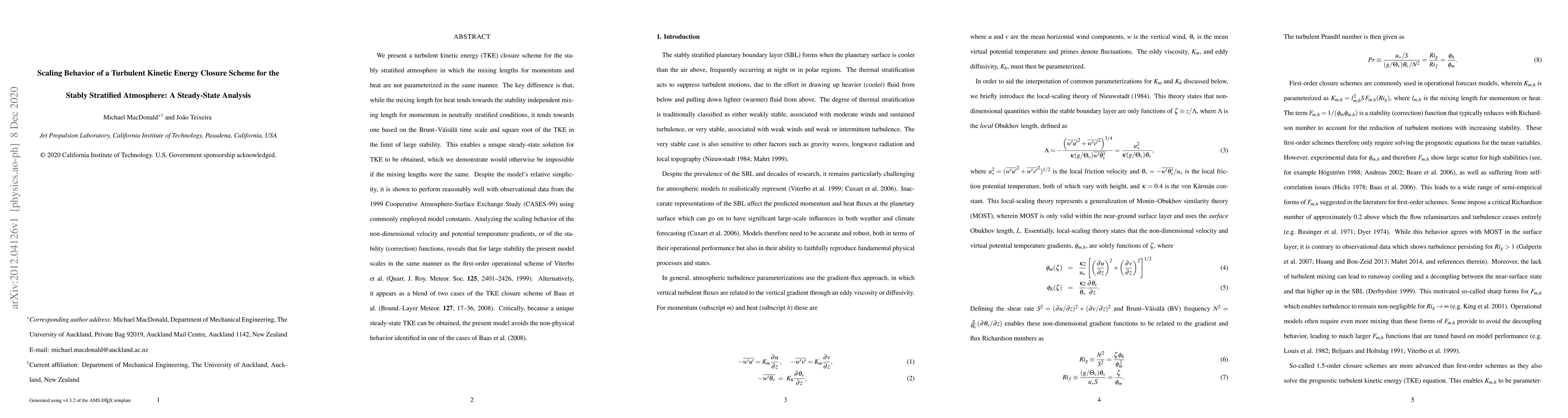 Thumbnail for Scaling Behavior of a Turbulent Kinetic Energy Closure Scheme for the
  Stably Stratified Atmosphere: A Steady-State Analysis