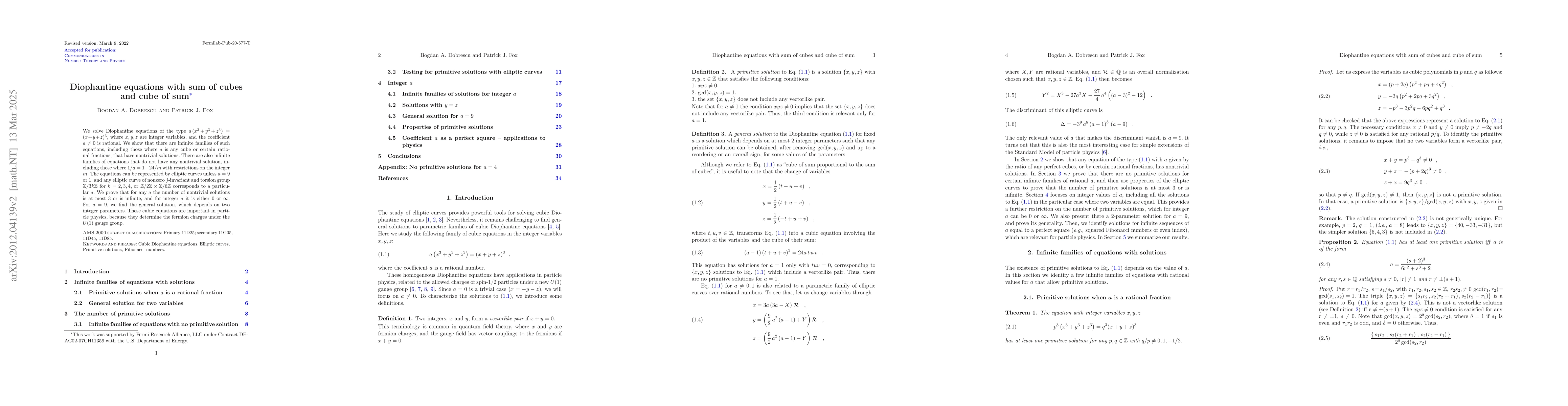 Thumbnail for Diophantine equations with sum of cubes and cube of sum