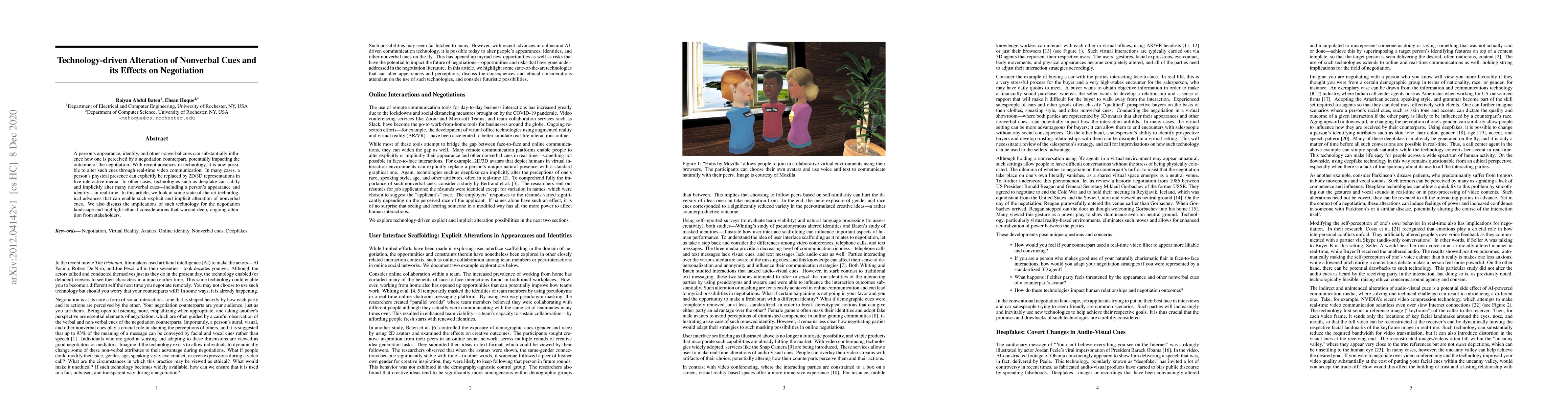 Thumbnail for Technology-driven Alteration of Nonverbal Cues and its Effects on
  Negotiation