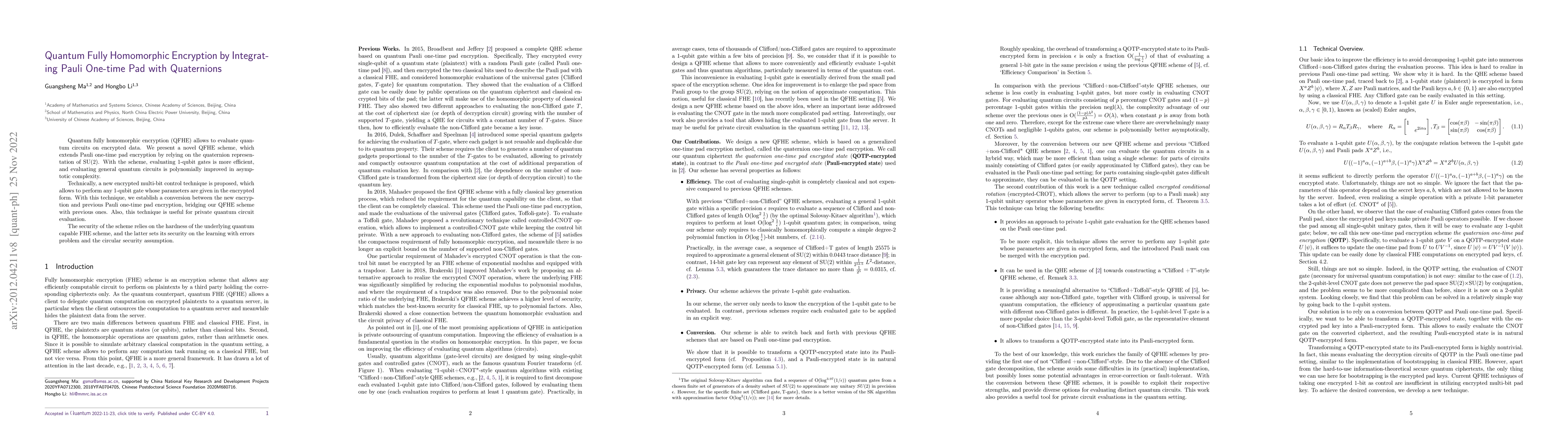 Thumbnail for Quantum Fully Homomorphic Encryption by Integrating Pauli One-time Pad
  with Quaternions