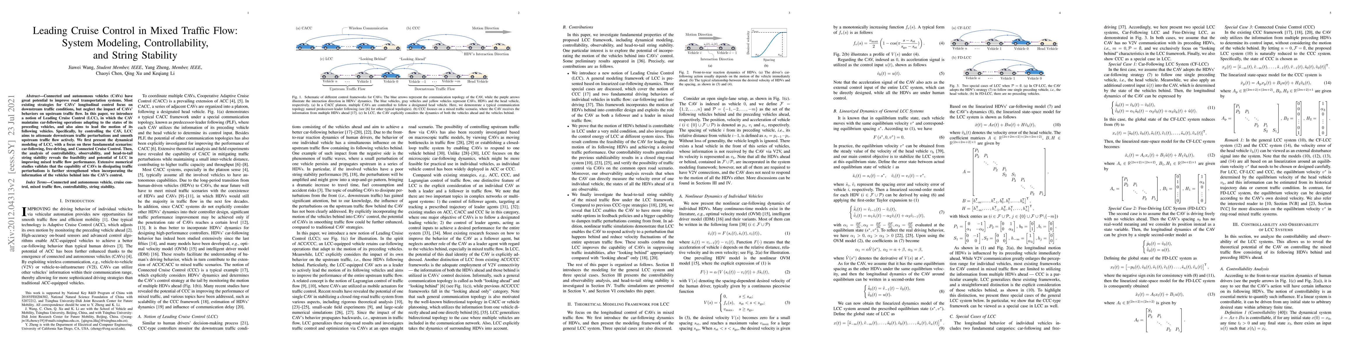 Thumbnail for Leading Cruise Control in Mixed Traffic Flow: System Modeling,
  Controllability, and String Stability