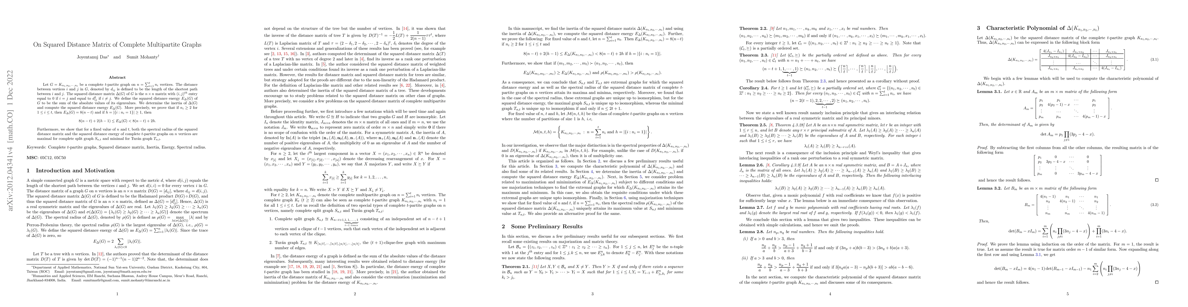 Thumbnail for On Squared Distance Matrix of Complete Multipartite Graphs