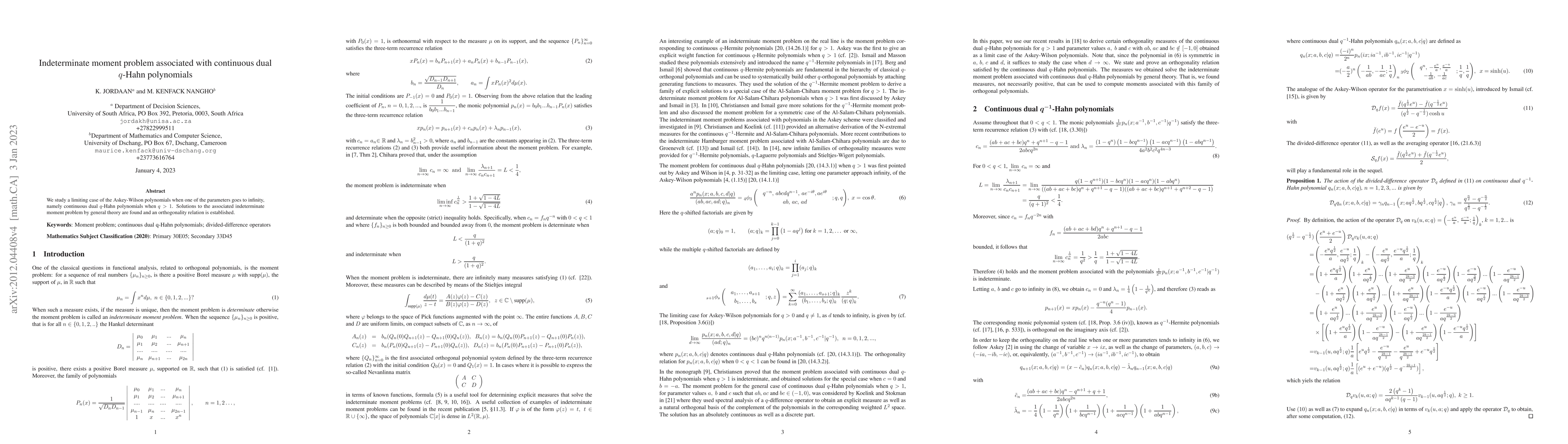 Thumbnail for Indeterminate moment problem associated with continuous dual q-Hahn
  polynomials