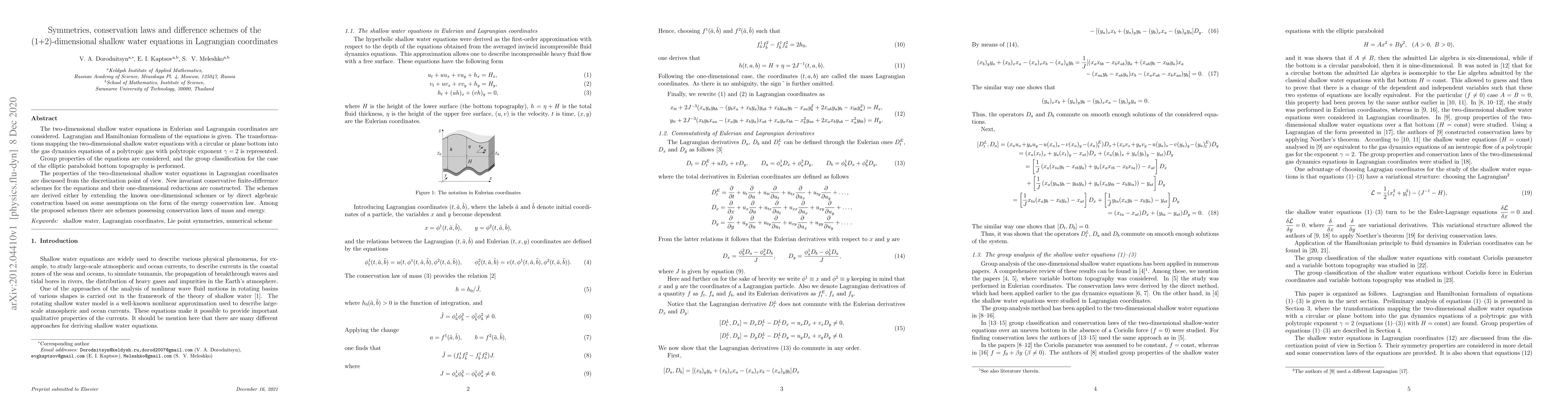 Thumbnail for Symmetries, conservation laws and difference schemes of the
  (1+2)-dimensional shallow water equations in Lagrangian coordinates