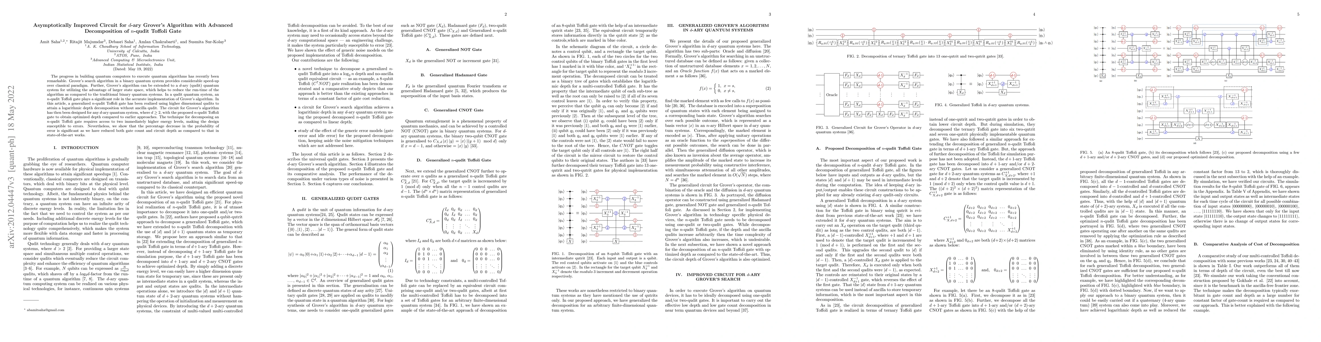 Thumbnail for Asymptotically Improved Circuit for $d$-ary Grover's Algorithm with
  Advanced Decomposition of $n$-qudit Toffoli Gate