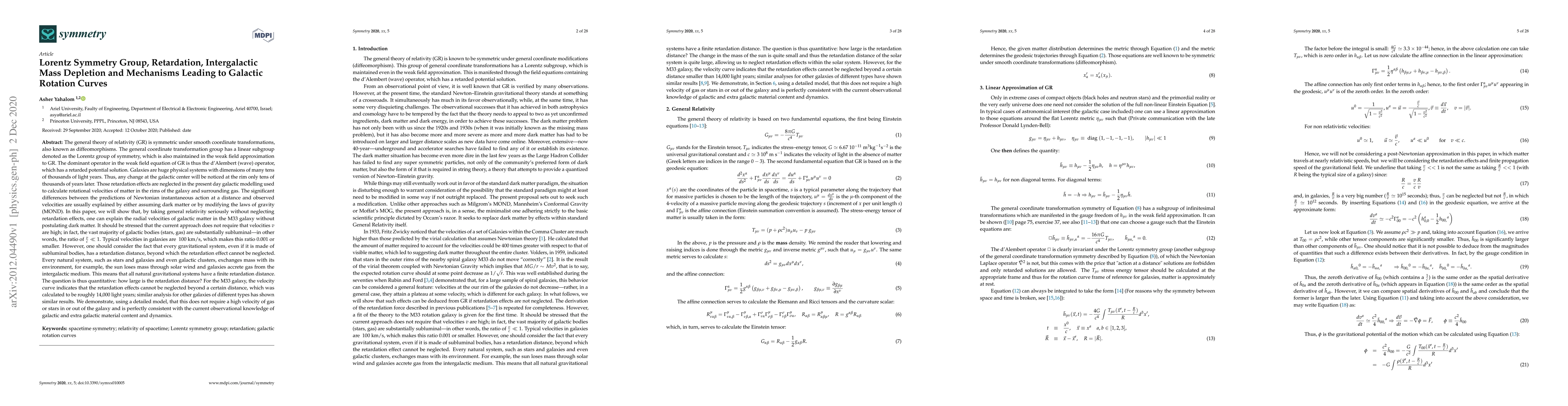 Thumbnail for Lorentz Symmetry Group, Retardation, Intergalactic Mass Depletion and
  Mechanisms Leading to Galactic Rotation Curves
