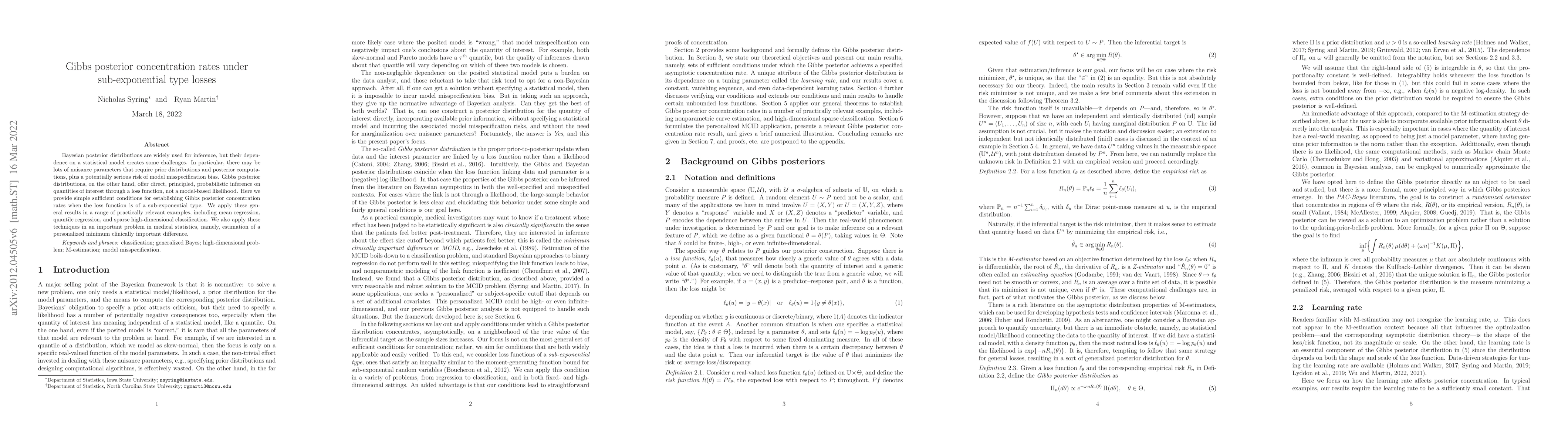 Thumbnail for Gibbs posterior concentration rates under sub-exponential type losses
