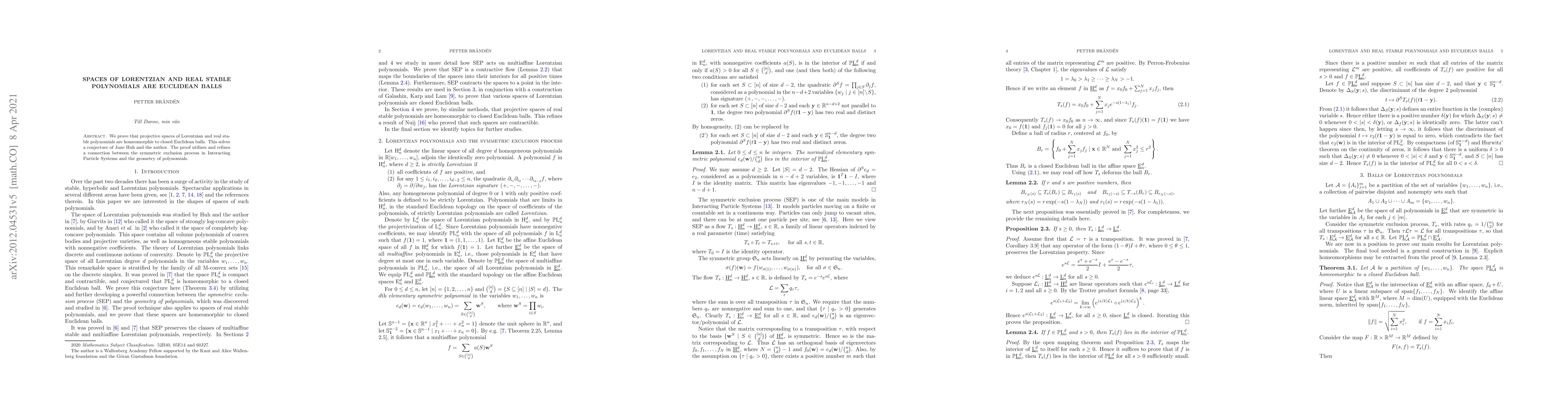 Thumbnail for Spaces of Lorentzian and real stable polynomials are Euclidean balls