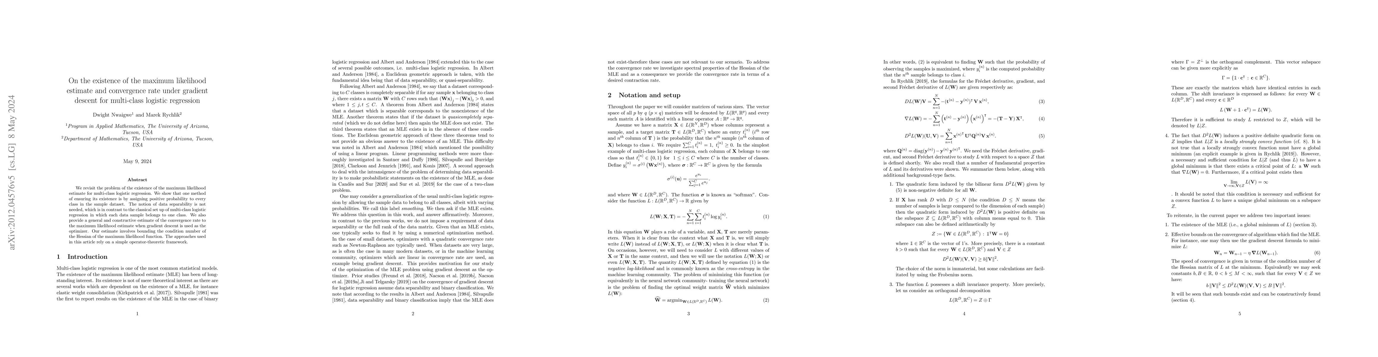 Thumbnail for On the existence of the maximum likelihood estimate and convergence rate
  under gradient descent for multi-class logistic regression