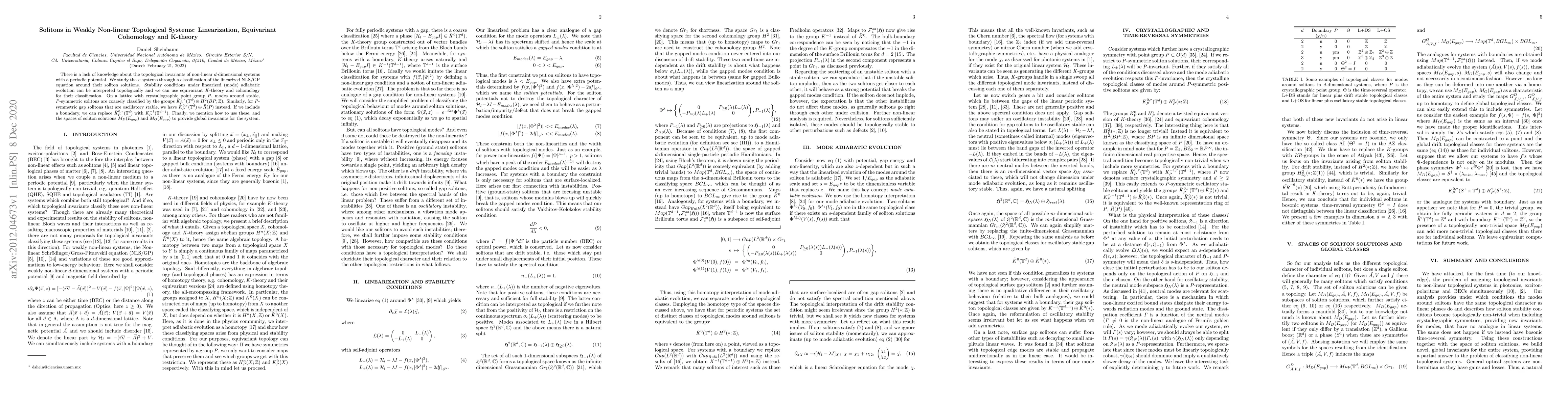 Thumbnail for Solitons in Weakly Non-linear Topological Systems: Linearization,
  Equivariant Cohomology and K-theory