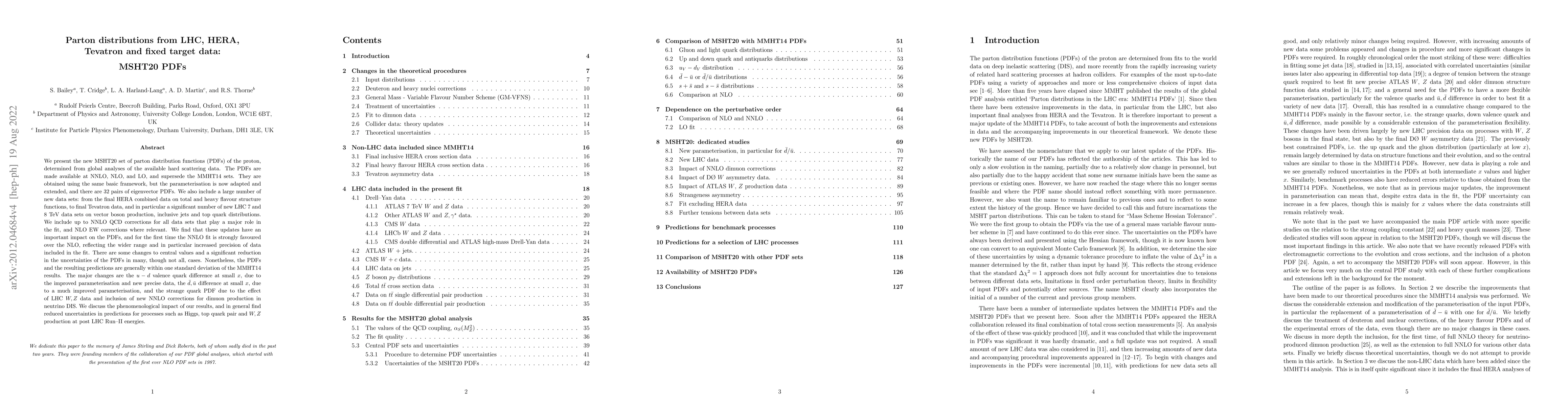 Thumbnail for Parton distributions from LHC, HERA, Tevatron and fixed target data:
  MSHT20 PDFs