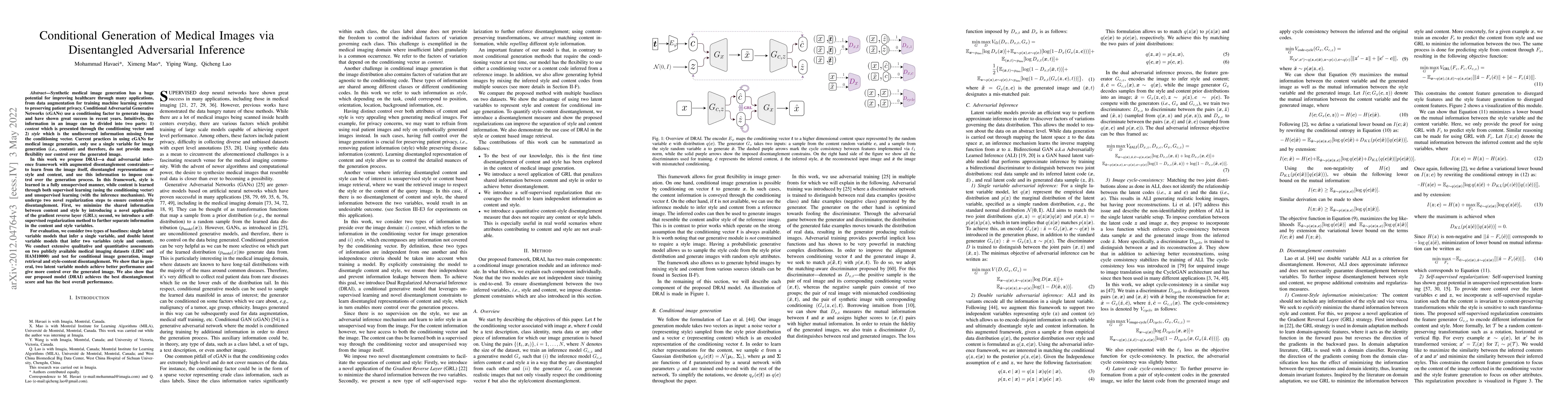 Thumbnail for Conditional Generation of Medical Images via Disentangled Adversarial
  Inference