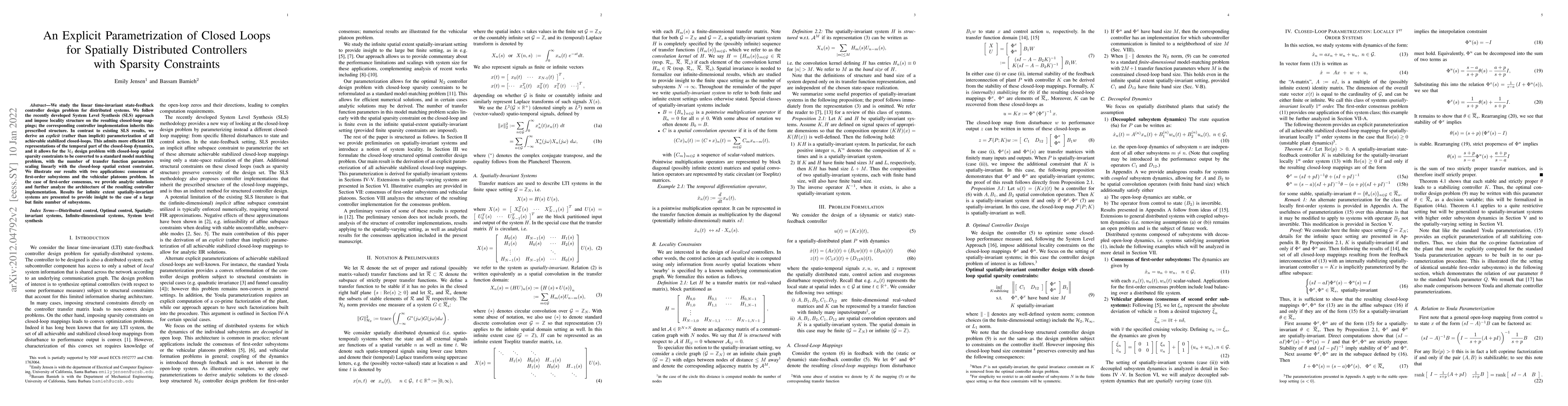 Thumbnail for An Explicit Parametrization of Closed Loops for Spatially Distributed
  Controllers with Sparsity Constraints