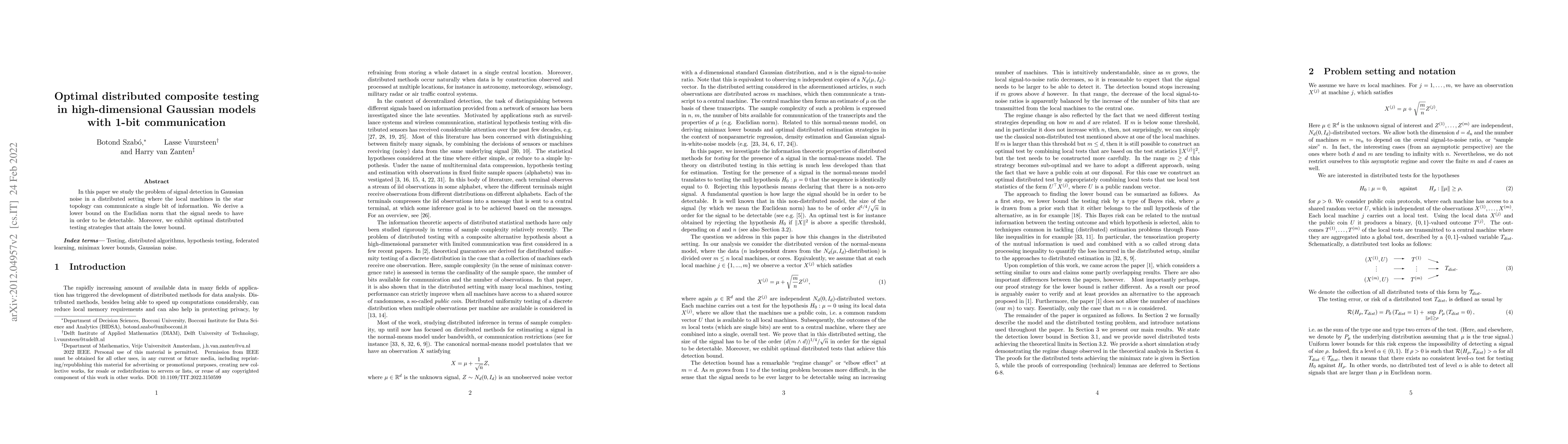 Thumbnail for Optimal distributed composite testing in high-dimensional Gaussian
  models with 1-bit communication