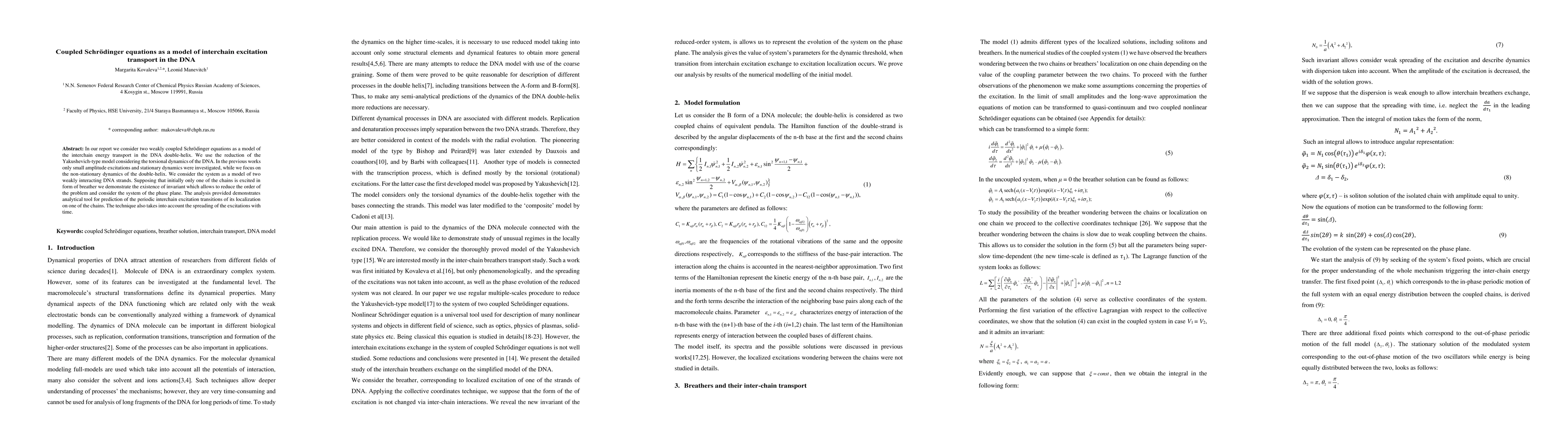 Thumbnail for Coupled Schr\"odinger equations as a model of interchain excitation
  transport in the DNA