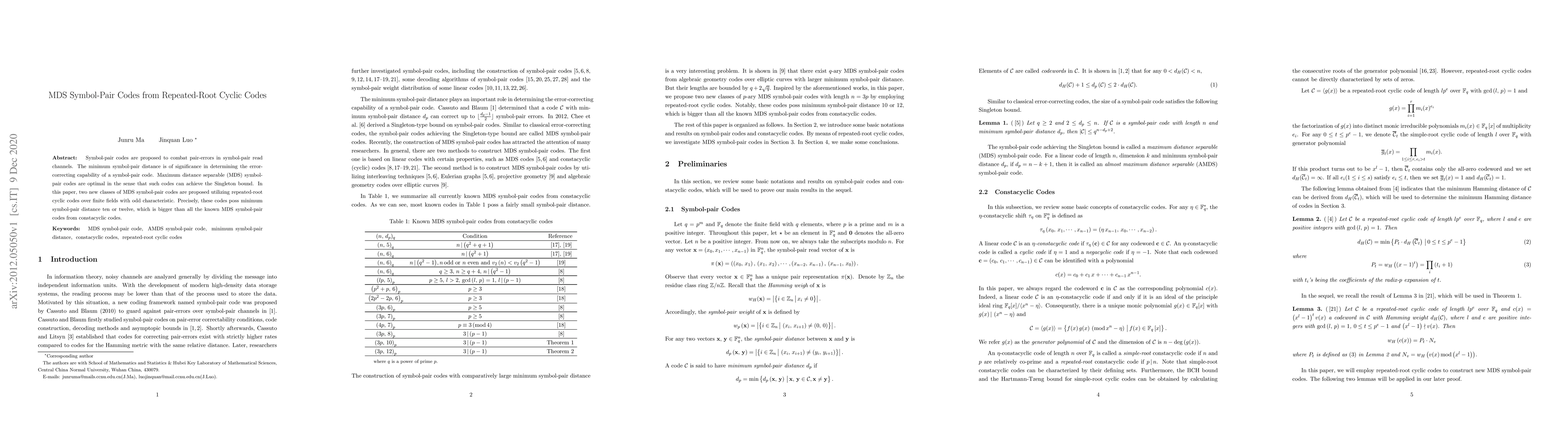 Thumbnail for MDS Symbol-Pair Codes from Repeated-Root Cyclic Codes
