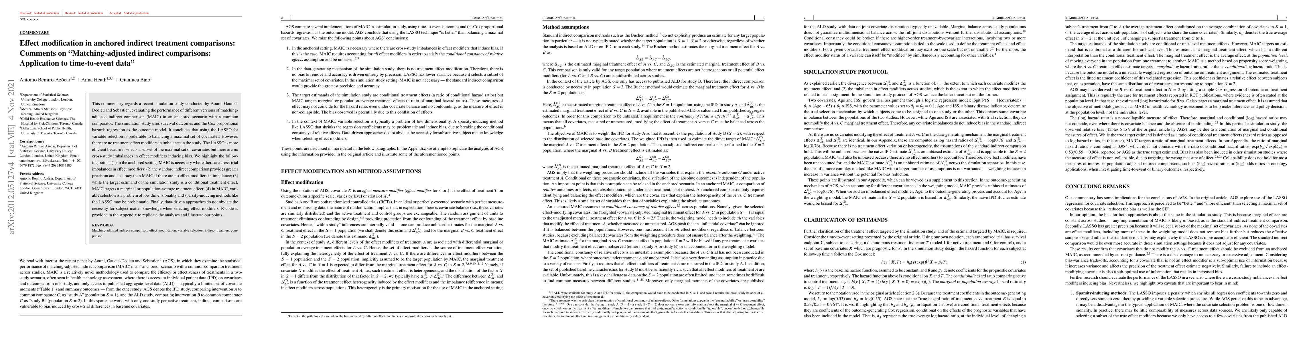 Thumbnail for Effect modification in anchored indirect treatment comparisons: Comments
  on "Matching-adjusted indirect comparisons: Application to time-to-event
  data"