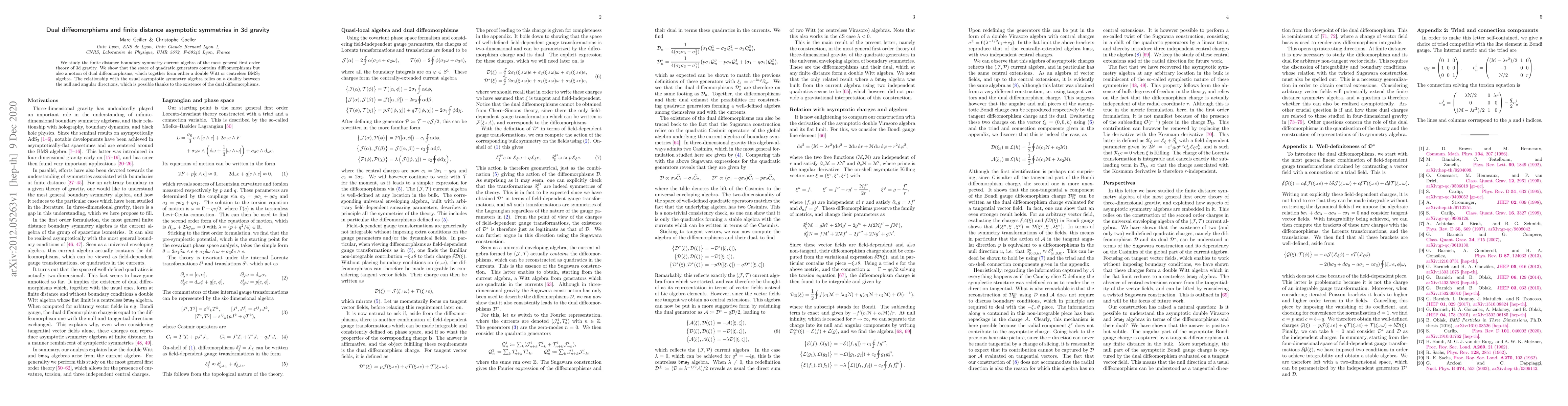 Thumbnail for Dual diffeomorphisms and finite distance asymptotic symmetries in 3d
  gravity