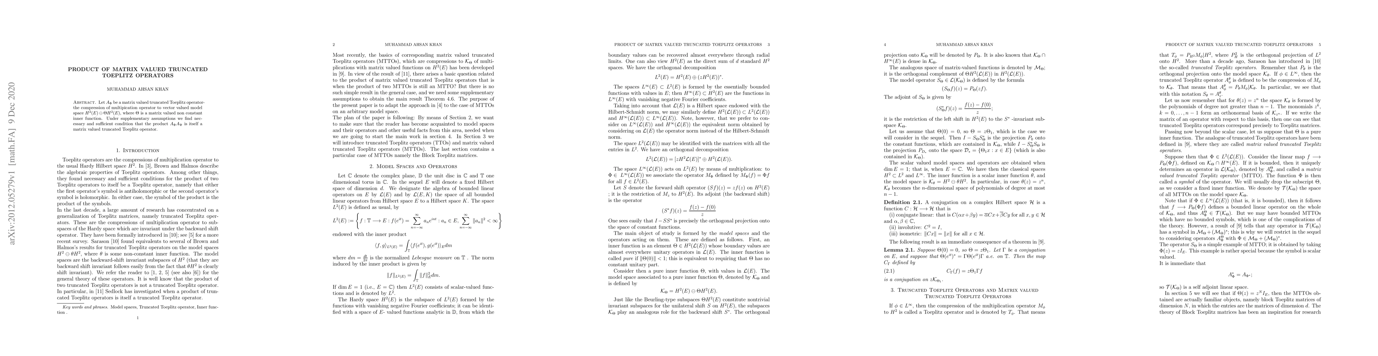Thumbnail for Product of Matrix Valued Truncated Toeplitz Operators
