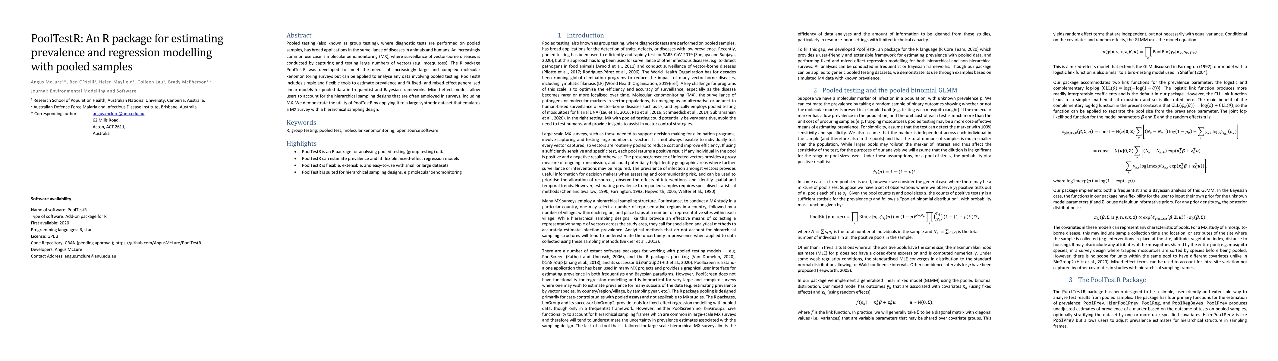 Thumbnail for PoolTestR: An R package for estimating prevalence and regression
  modelling with pooled samples