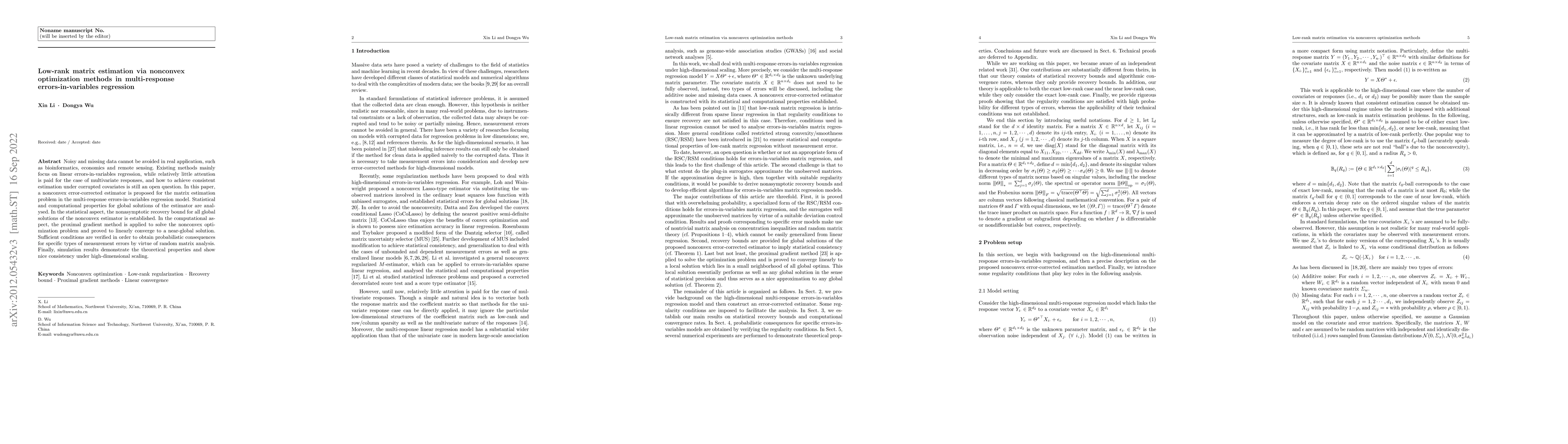 Thumbnail for Low-rank matrix estimation in multi-response regression with measurement
  errors: Statistical and computational guarantees