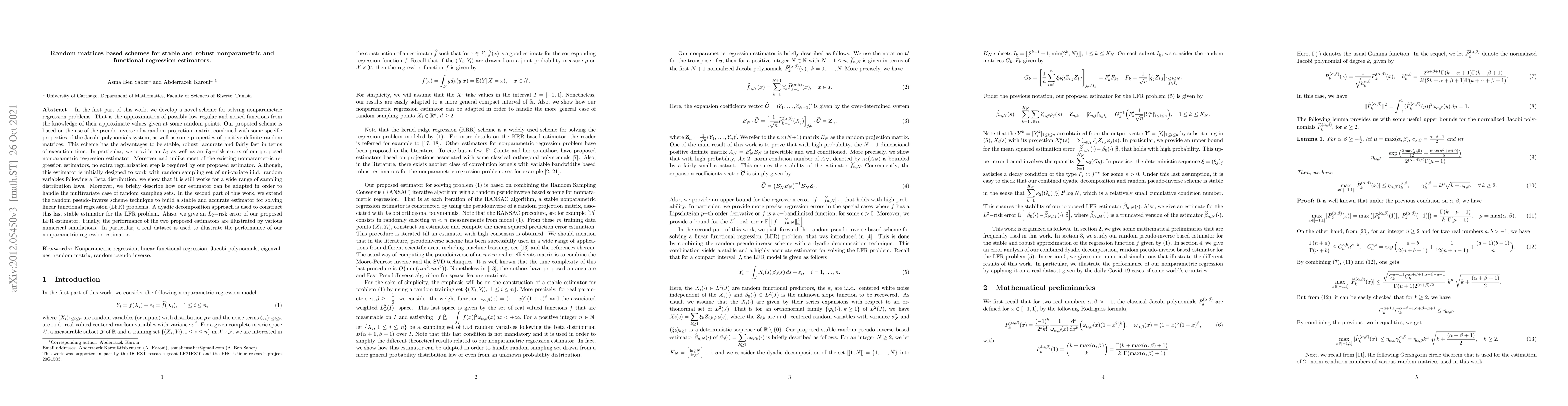 Thumbnail for Random matrices based schemes for stable and robust nonparametric and
  functional regression estimators